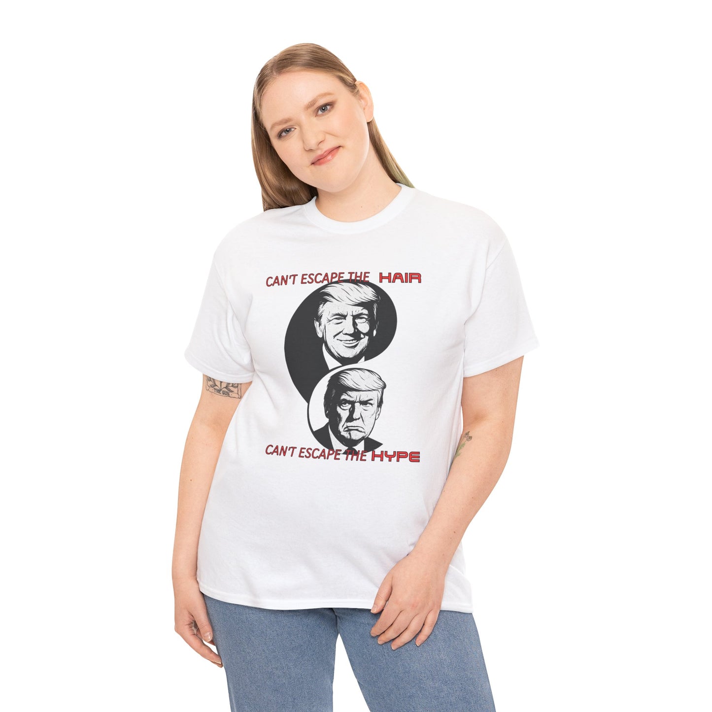 Funny Political Unisex Heavy Cotton Tee - "Can't Escape the Hair, Can't Escape the Hype"