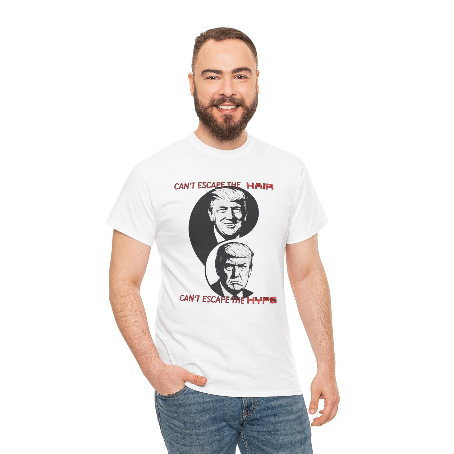Funny Political Unisex Heavy Cotton Tee - "Can't Escape the Hair, Can't Escape the Hype"
