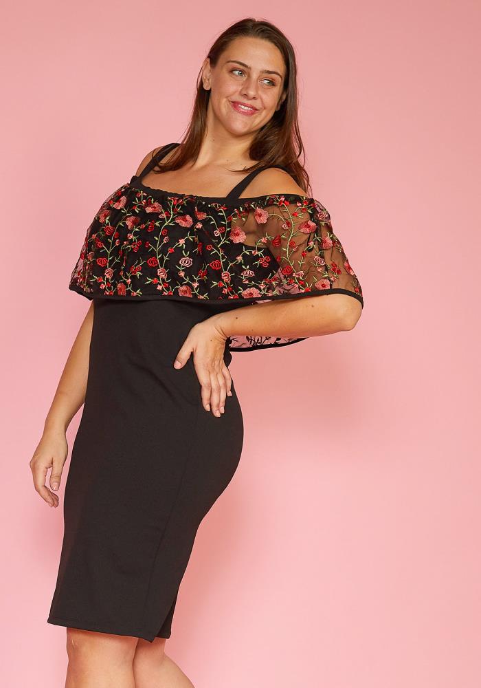 Flower Embossed Mesh Plus Size Dress - bounti4lme