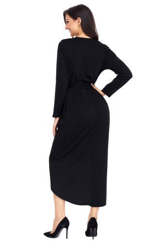 Black Tulip Faux Wrap Sash Tie Jersey Dress - bounti4lme