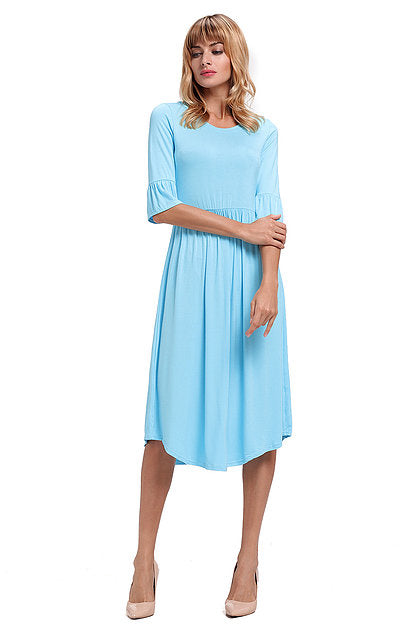 Blue Ruffle Sleeve Midi Jersey Dress - bounti4lme
