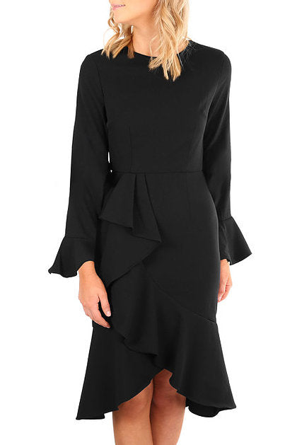 Black Delicate Ruffle Accent Bell Sleeve Midi Dress - bounti4lme