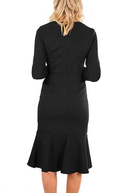 Black Delicate Ruffle Accent Bell Sleeve Midi Dress - bounti4lme