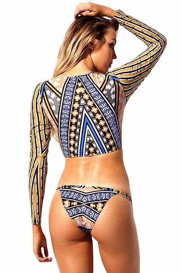 Geometric Print Long Sleeve Tanga Swimsuit - bounti4lme