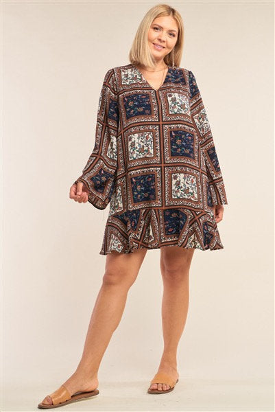 Scarf Print Plus Size Mini Dress - bounti4lme
