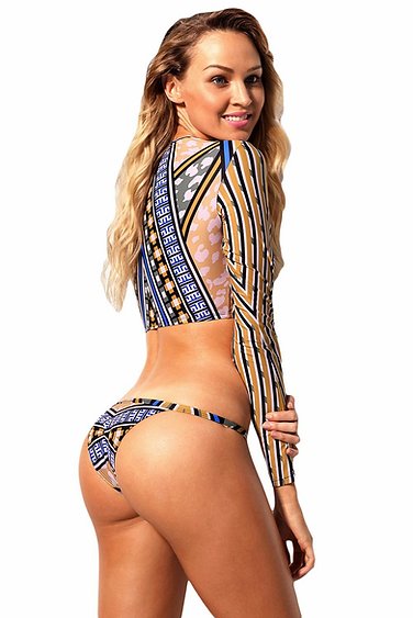 Geometric Print Long Sleeve Tanga Swimsuit - bounti4lme
