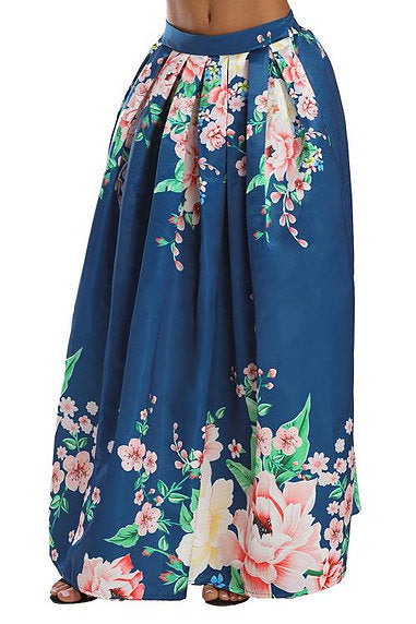 Navy Coral Floral Elegant Flared Maxi Skirt - bounti4lme