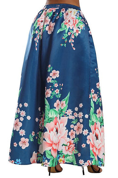 Navy Coral Floral Elegant Flared Maxi Skirt - bounti4lme