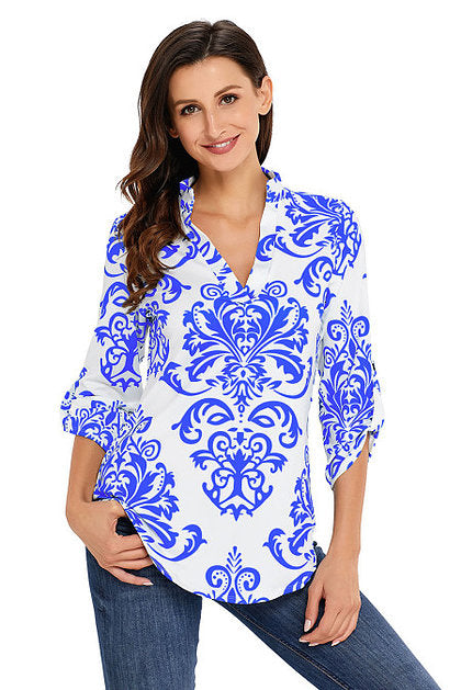 Damask Print V Neck Tunic - bounti4lme