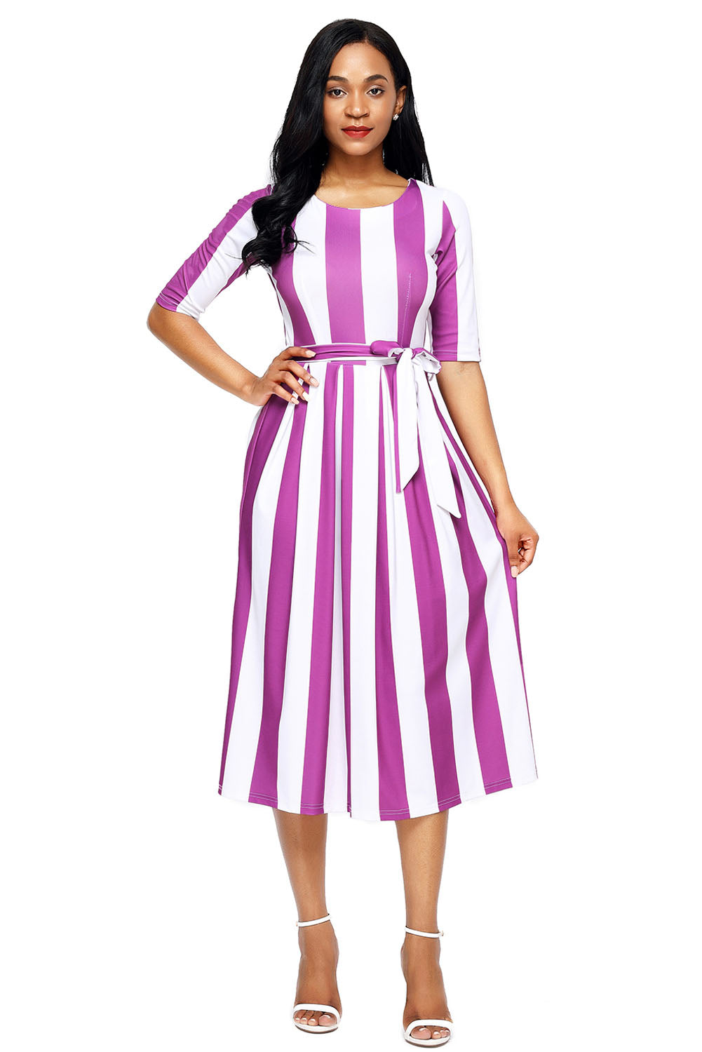 Purple Stripe Print Half Sleeve Belted Dress - bounti4lme