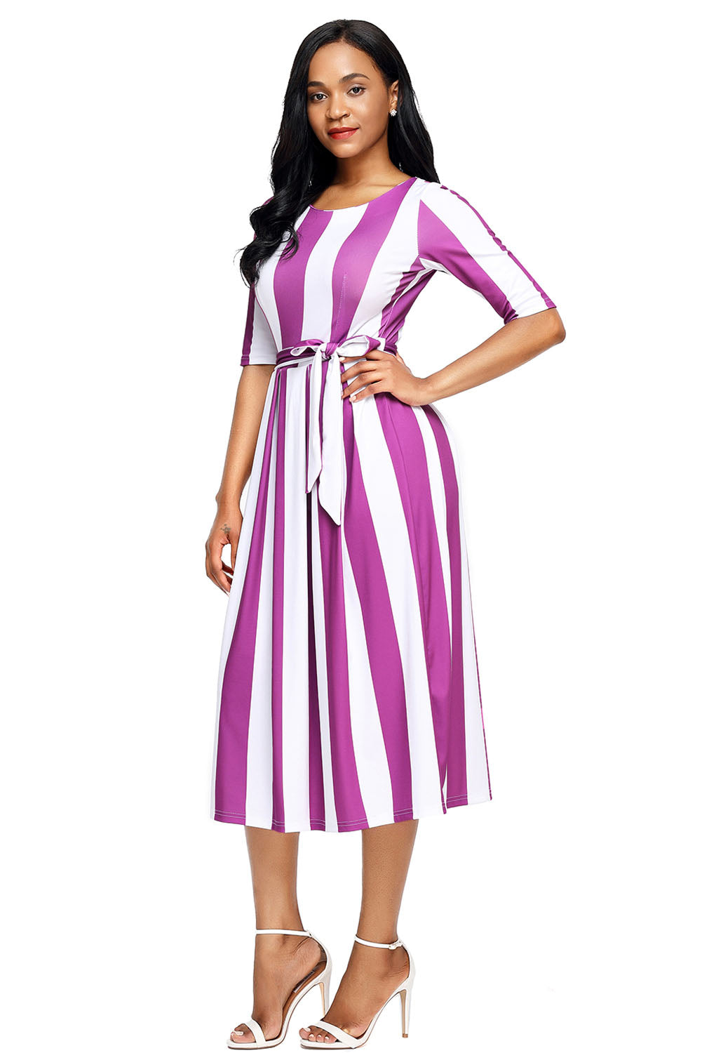 Purple Stripe Print Half Sleeve Belted Dress - bounti4lme