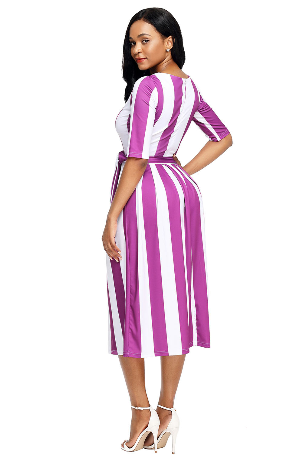 Purple Stripe Print Half Sleeve Belted Dress - bounti4lme