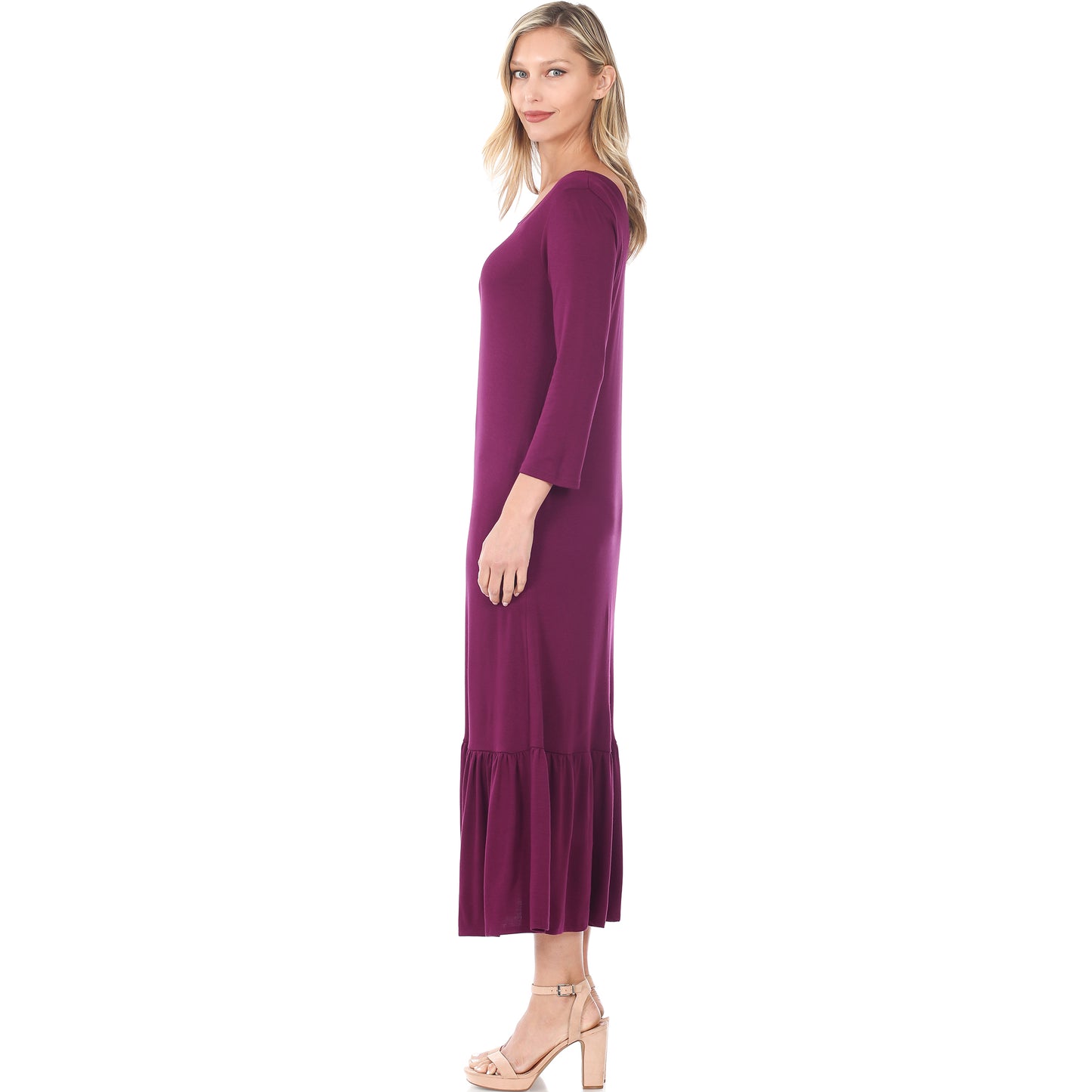 3/4 SLEEVE RUFFLE HEM LONG DRESS - bounti4lme
