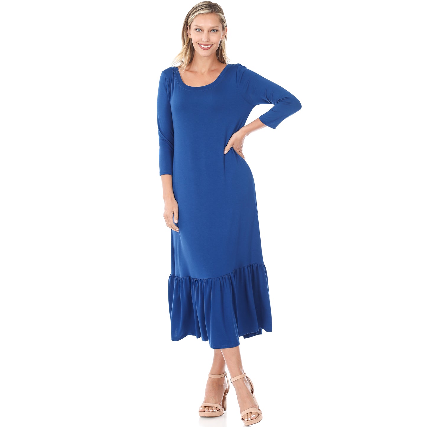 3/4 SLEEVE RUFFLE HEM LONG DRESS - bounti4lme
