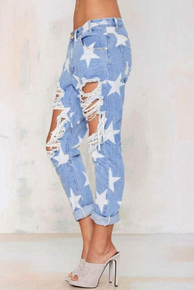 Star Pattern Ripped Boyfriend Jeans - bounti4lme