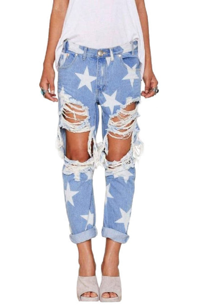 Star Pattern Ripped Boyfriend Jeans - bounti4lme