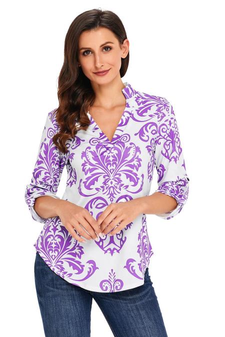 Damask Print V Neck Tunic - bounti4lme