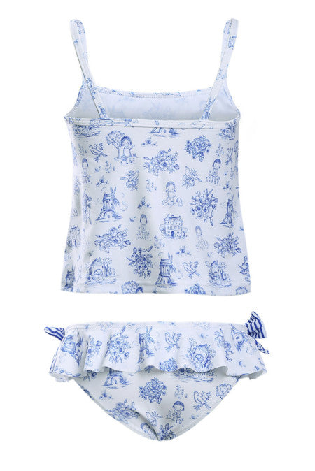Blue Toile Pattern Little Girls Swimsuit - bounti4lme