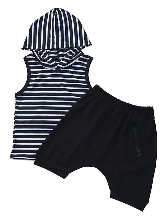 Boy's 2-Piece Stripe Hooded Top and Shorts - bounti4lme