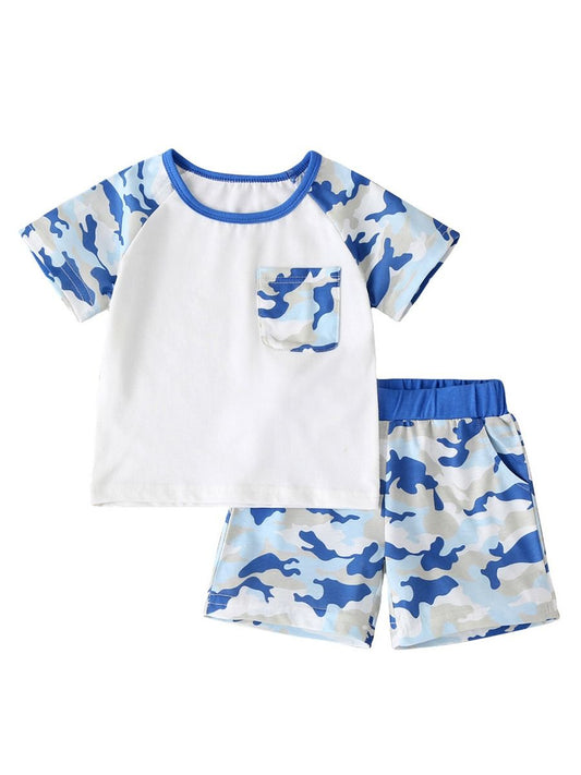 Boy's 2 Piece Blue White Camo Shorts Set - bounti4lme