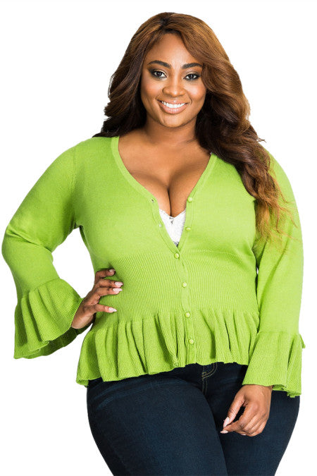 Ruffle Hem V Neck Plus Size Cardigan - bounti4lme