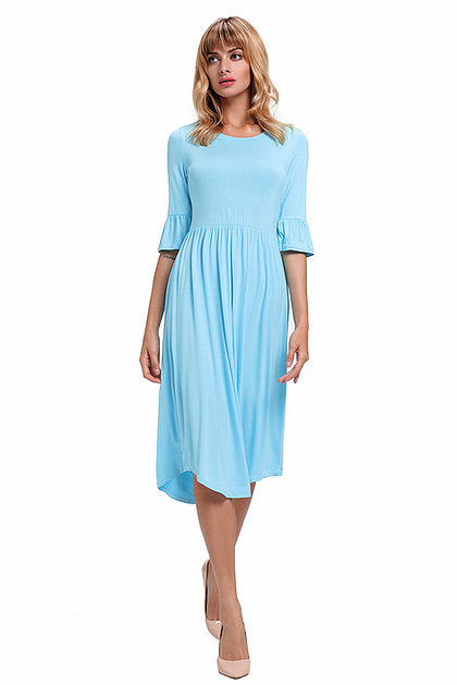 Blue Ruffle Sleeve Midi Jersey Dress - bounti4lme