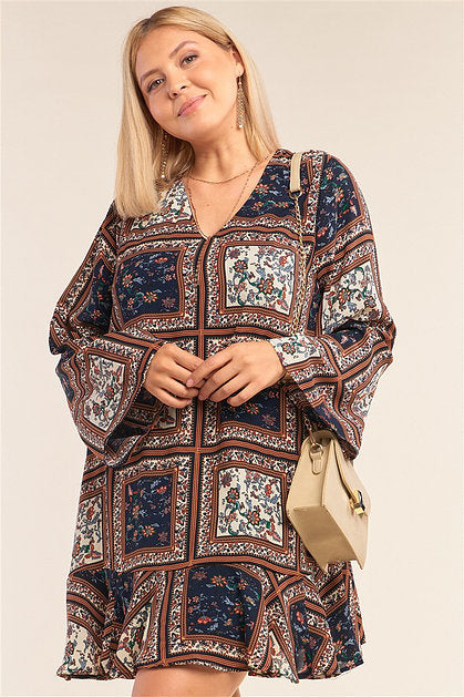 Scarf Print Plus Size Mini Dress - bounti4lme