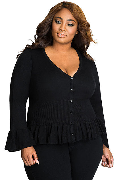 Ruffle Hem V Neck Plus Size Cardigan - bounti4lme