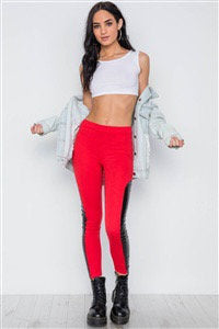 Red Faux Leather Sides Mid-Rise Leggings - bounti4lme