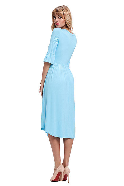 Blue Ruffle Sleeve Midi Jersey Dress - bounti4lme