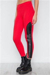 Red Faux Leather Sides Mid-Rise Leggings - bounti4lme