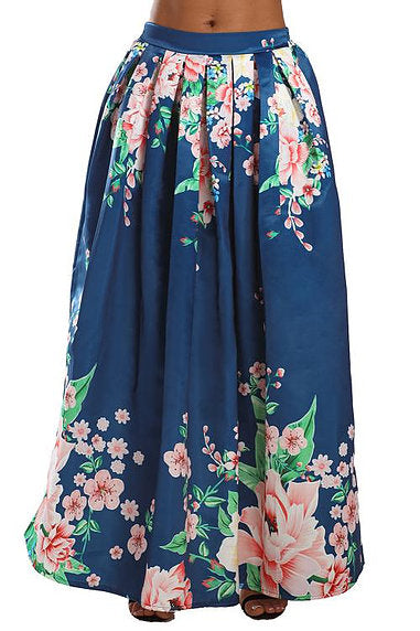 Navy Coral Floral Elegant Flared Maxi Skirt - bounti4lme