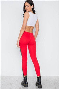 Red Faux Leather Sides Mid-Rise Leggings - bounti4lme