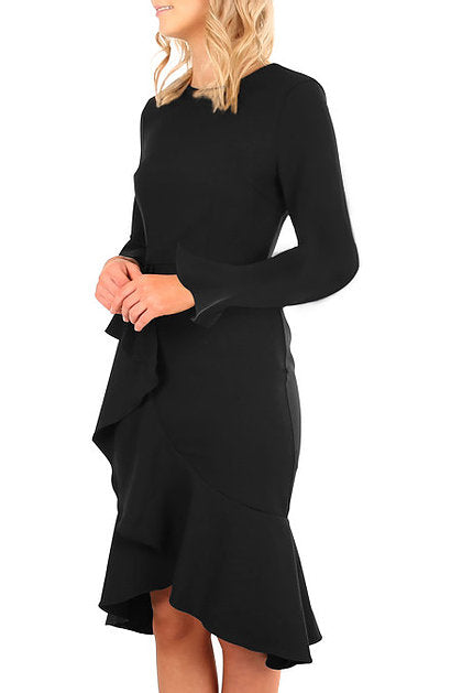 Black Delicate Ruffle Accent Bell Sleeve Midi Dress - bounti4lme