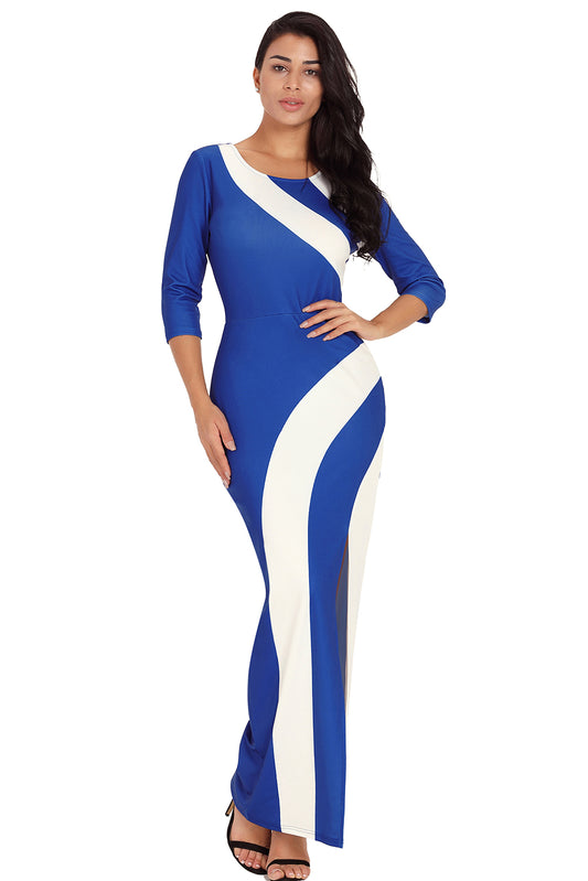 Blue White Color Block Side Slit Maxi Dress - bounti4lme