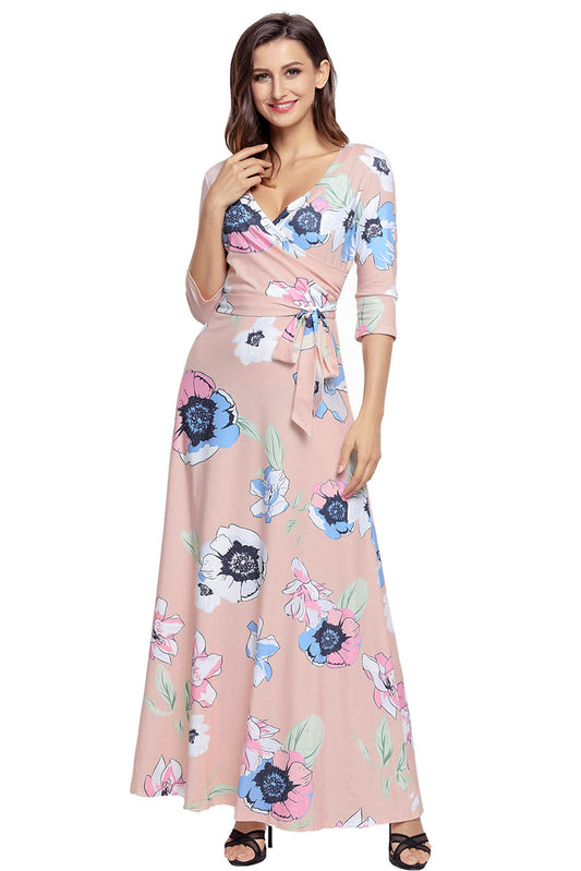 Light Pink Floral Print Wrapped Maxi Dress - bounti4lme