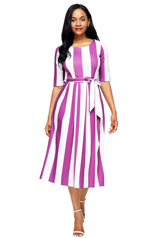 Purple Stripe Print Half Sleeve Belted Dress - bounti4lme