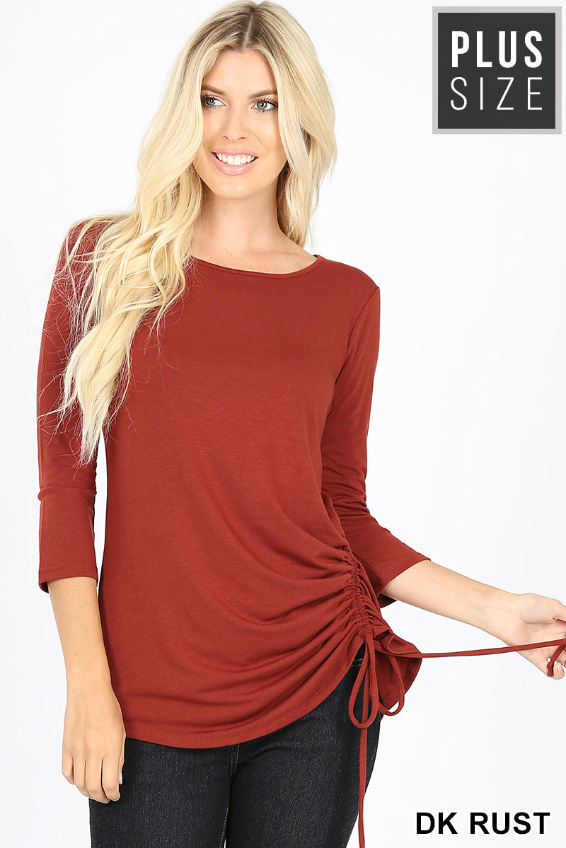 3/4 SLEEVE ROUND NECK SIDE RUCHED TOP - bounti4lme