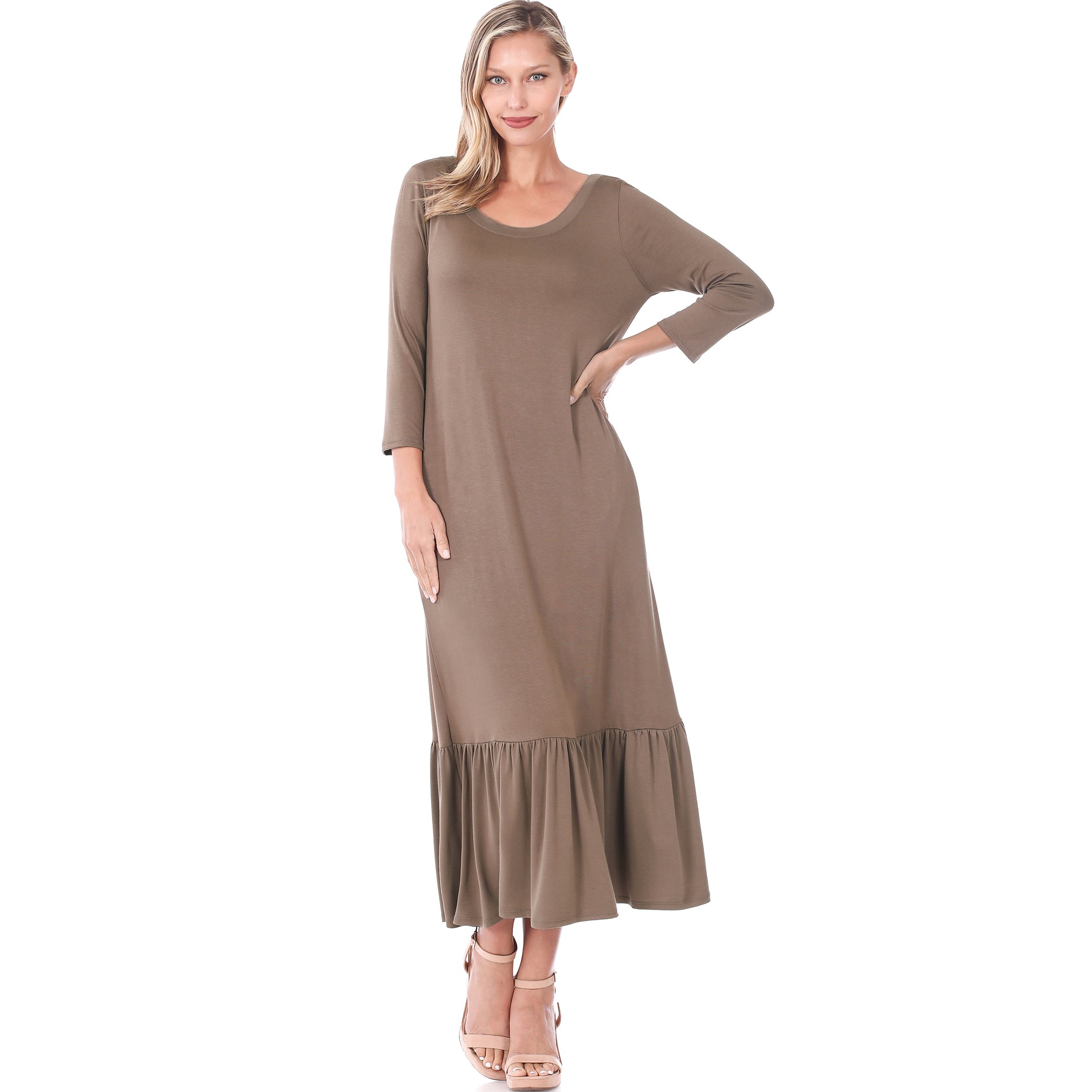 3/4 SLEEVE RUFFLE HEM LONG DRESS - bounti4lme