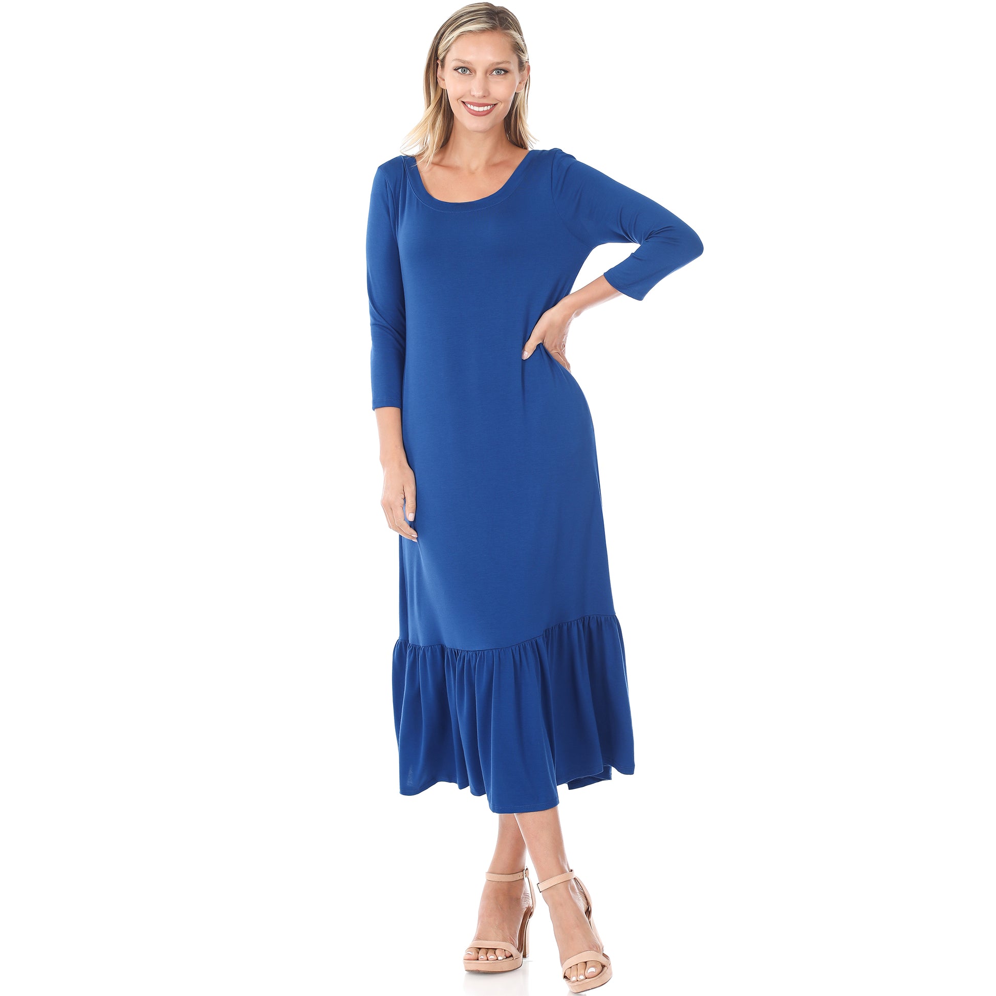 3/4 SLEEVE RUFFLE HEM LONG DRESS - bounti4lme