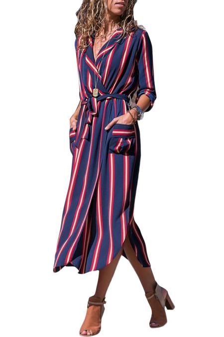 Navy Blue Striped Shirt Dress with Tie - bounti4lme