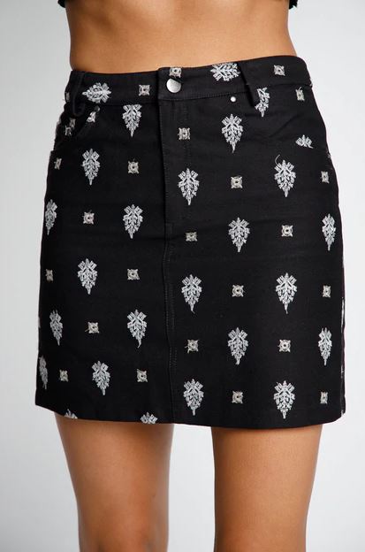 Embroidered Black Tribal Print Skirt - bounti4lme