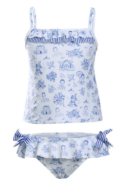 Blue Toile Pattern Little Girls Swimsuit - bounti4lme
