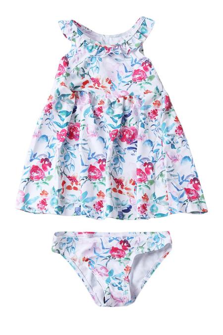 Floral Pattern Ruffle Girls Swim Dress - bounti4lme