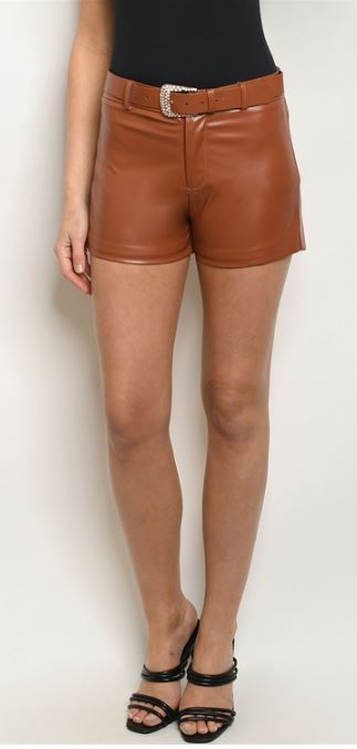 Camel Vegan Leather Belted Shorts - bounti4lme